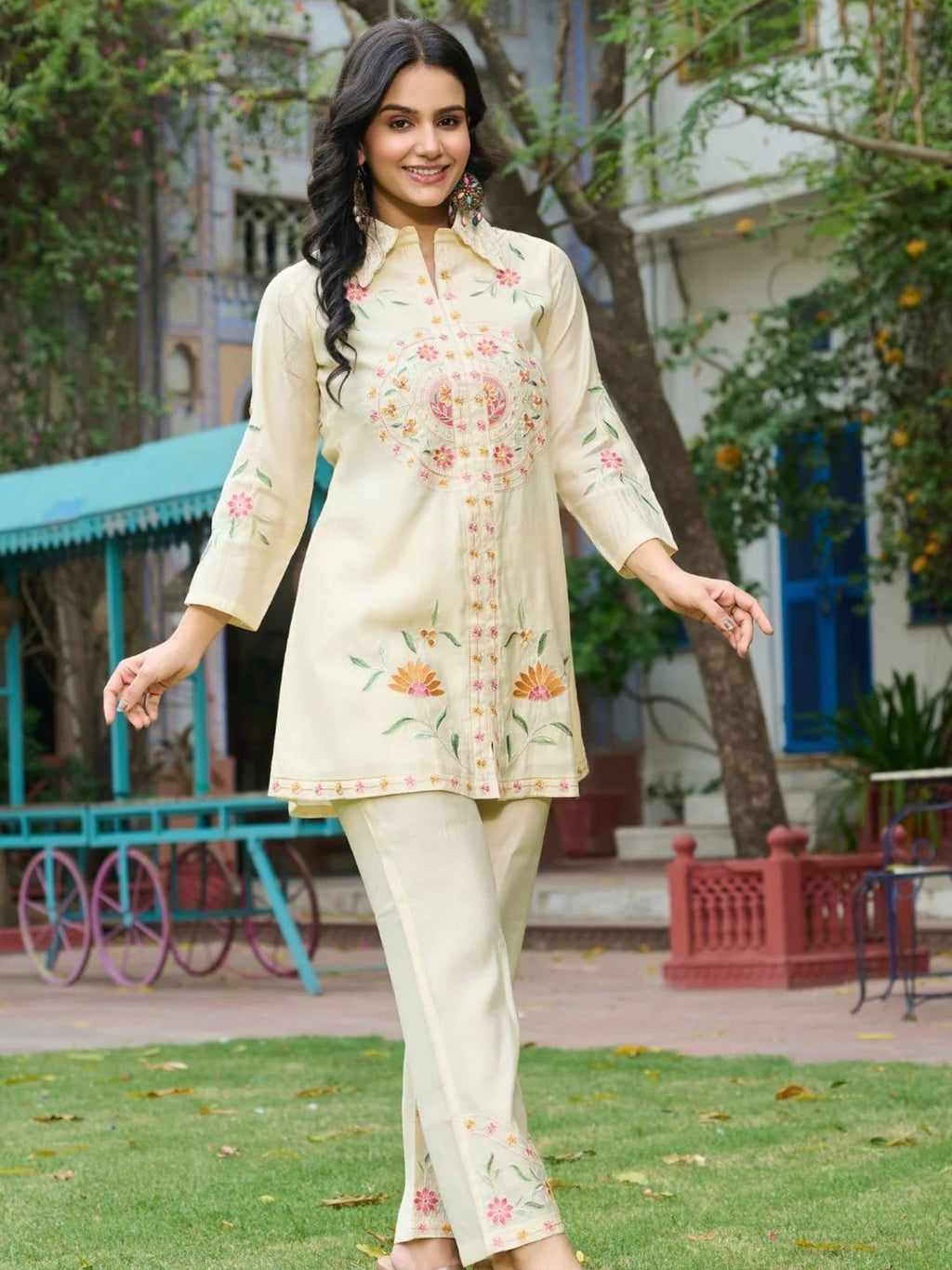 Embroidered Cream Co-Ord Set In Roman Silk