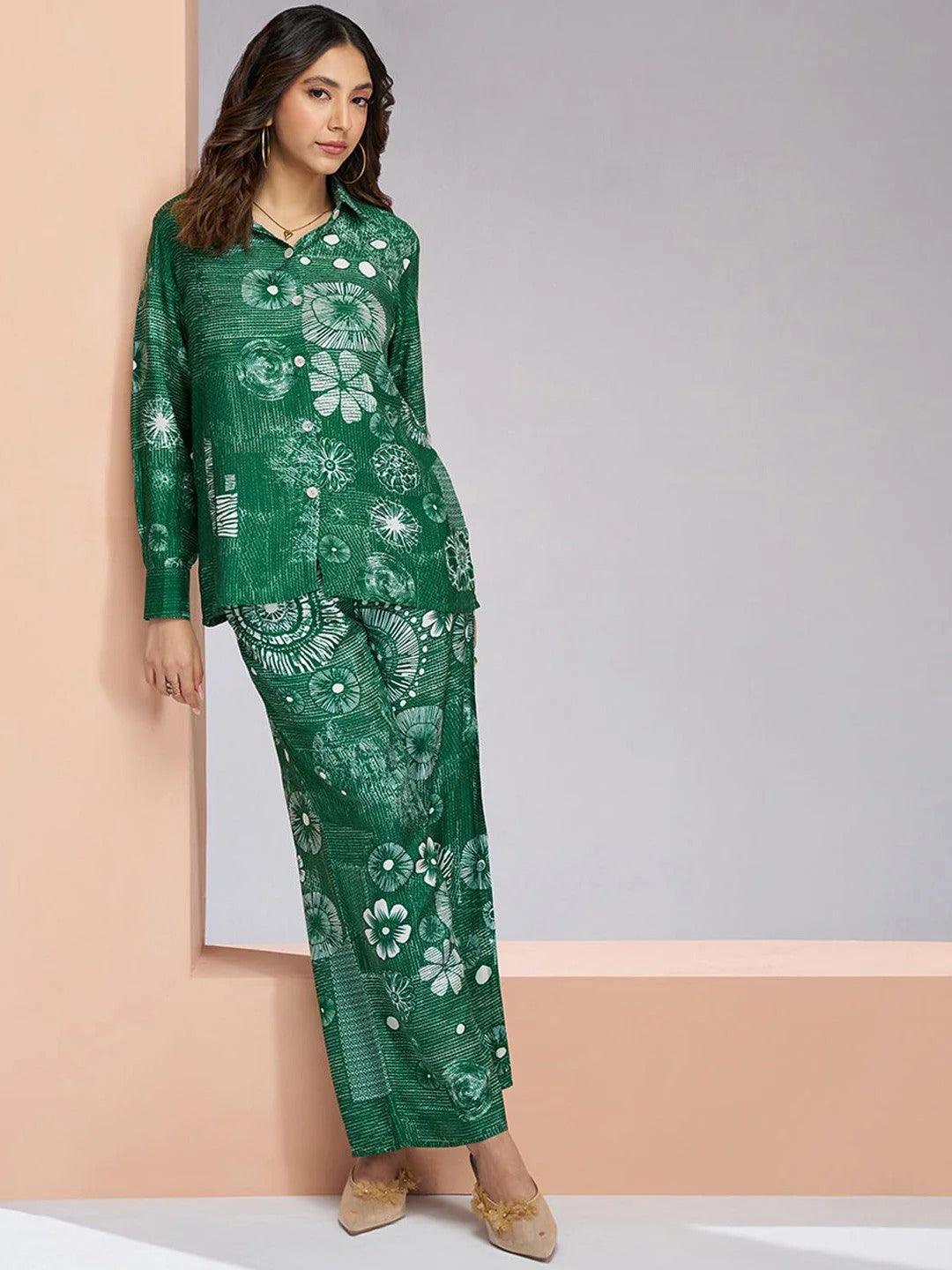 Floral Printed Shirt Collar Shirt With Trousers