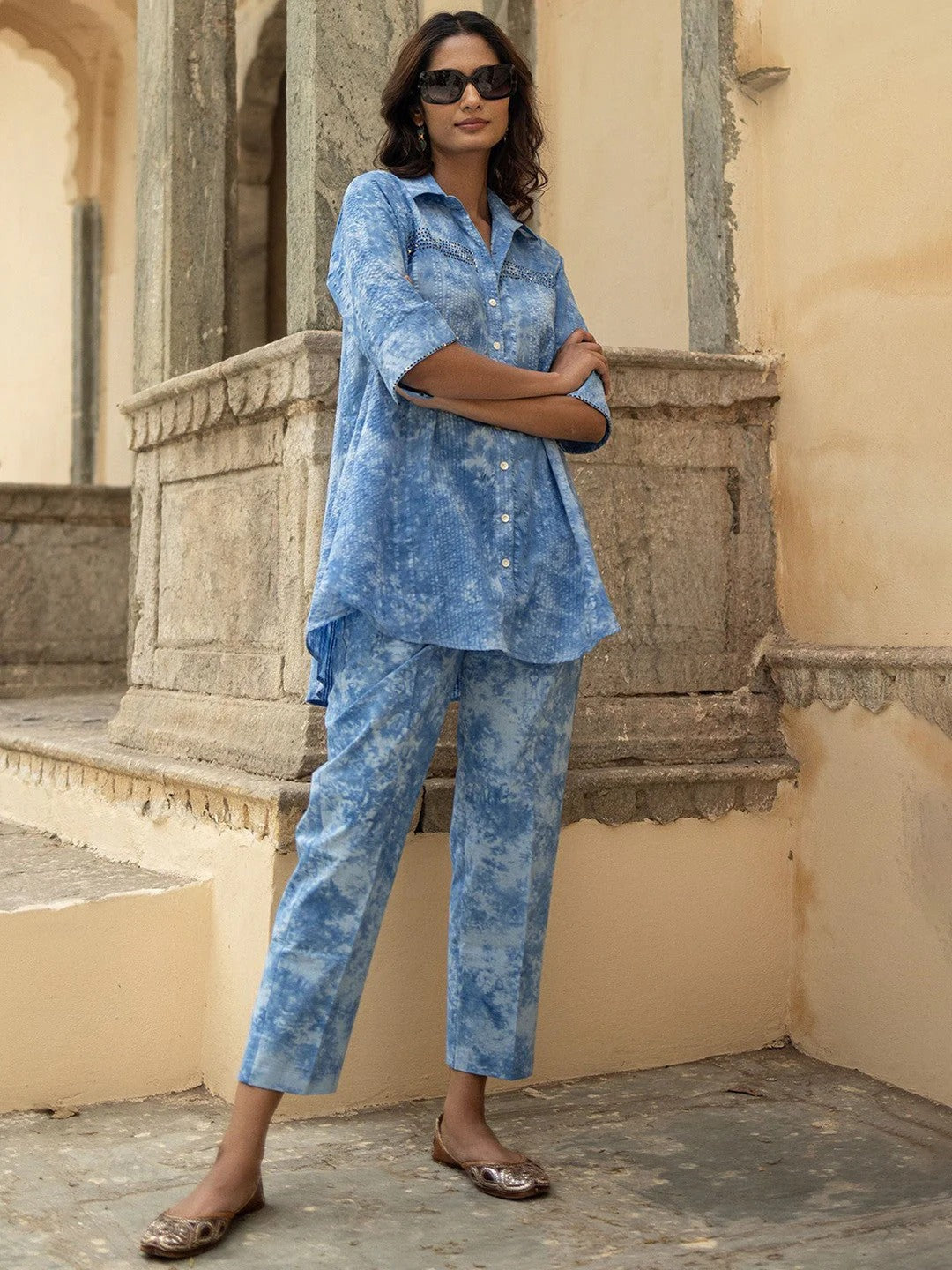 Dyed Shirt Collar Short Sleeves Pure Cotton Shirt & Trouser