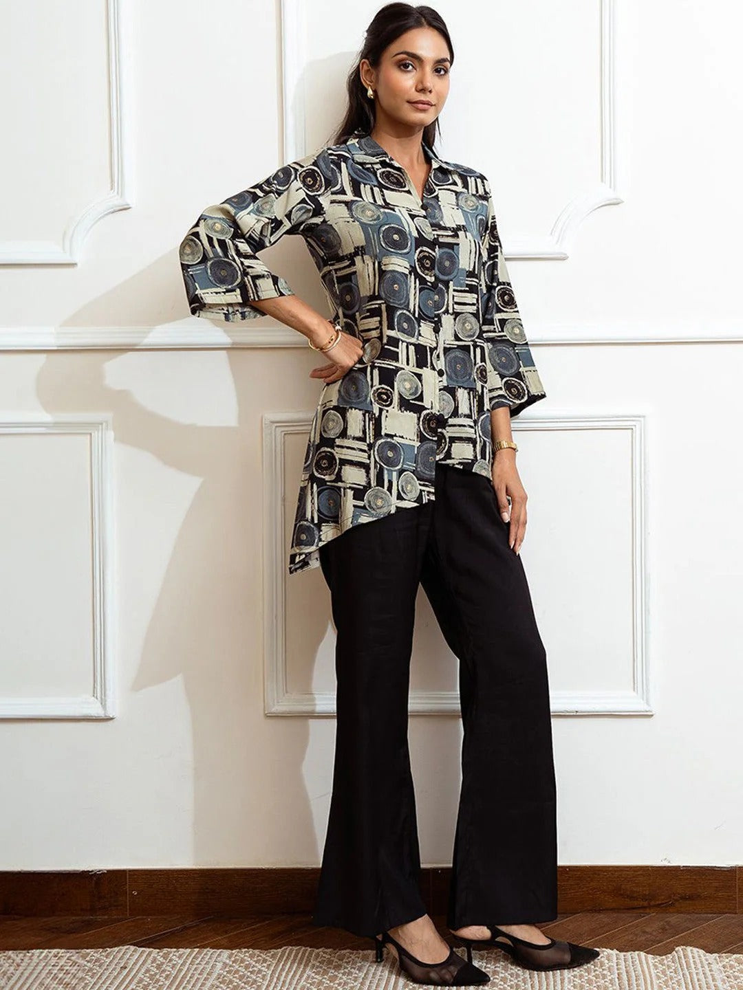 Black Geometric Printed Shirt Collar Tunic With Palazzo