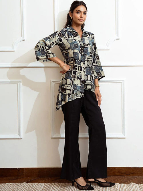 Black Geometric Printed Shirt Collar Tunic With Palazzo