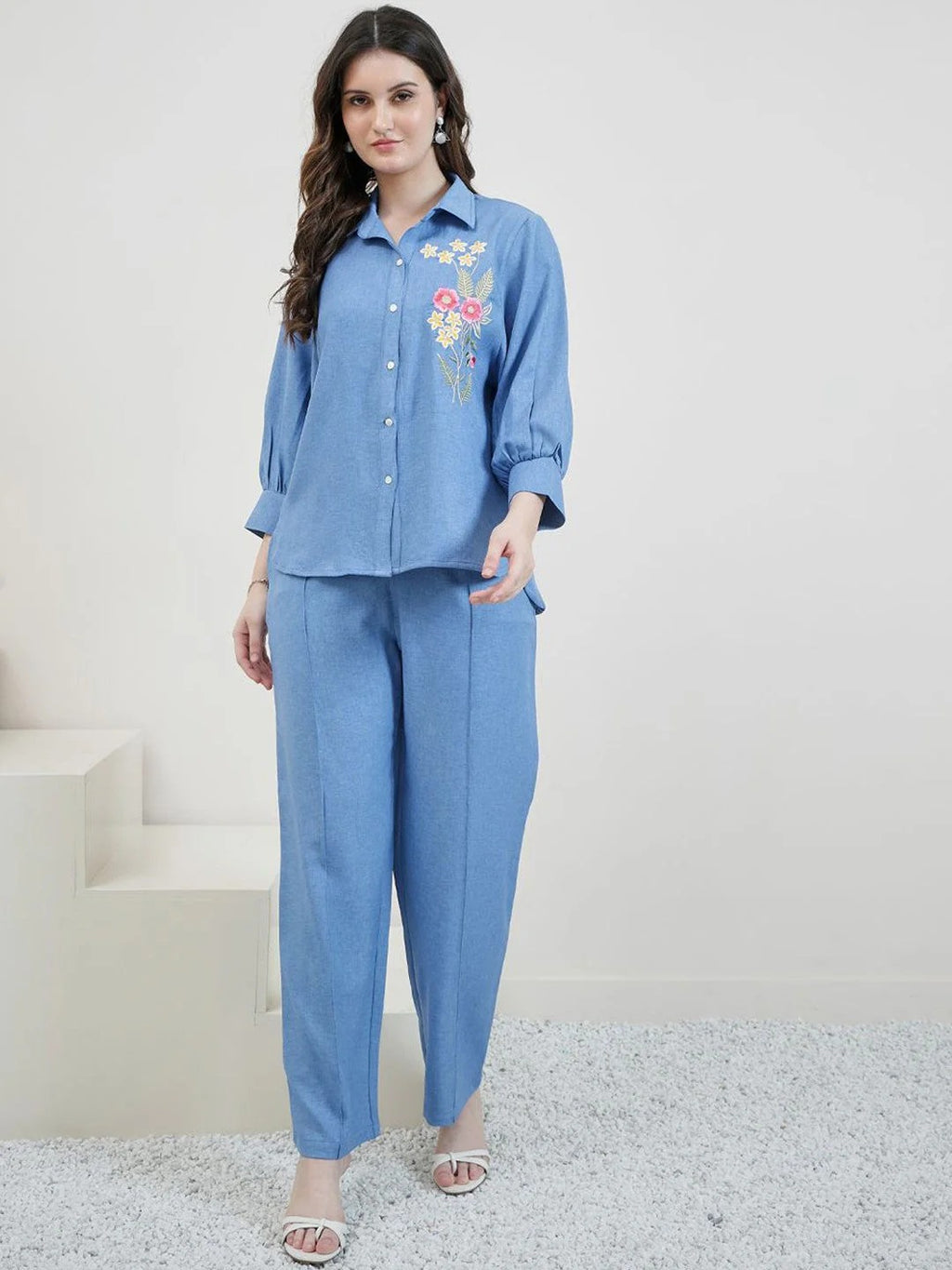 Embroidered Linen Shirt With Trousers