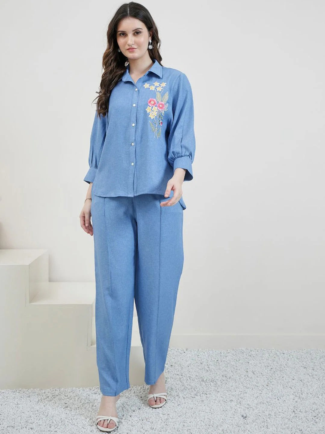 Embroidered Linen Shirt With Trousers