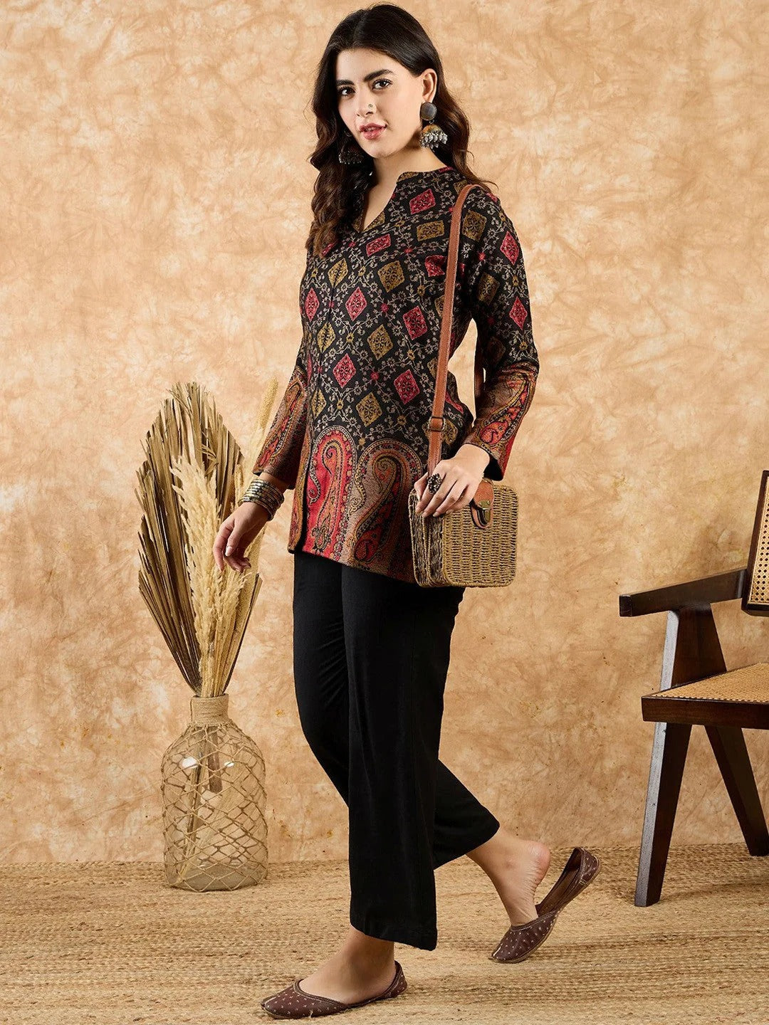 Mandarin Collar Self Design Top with Trouser