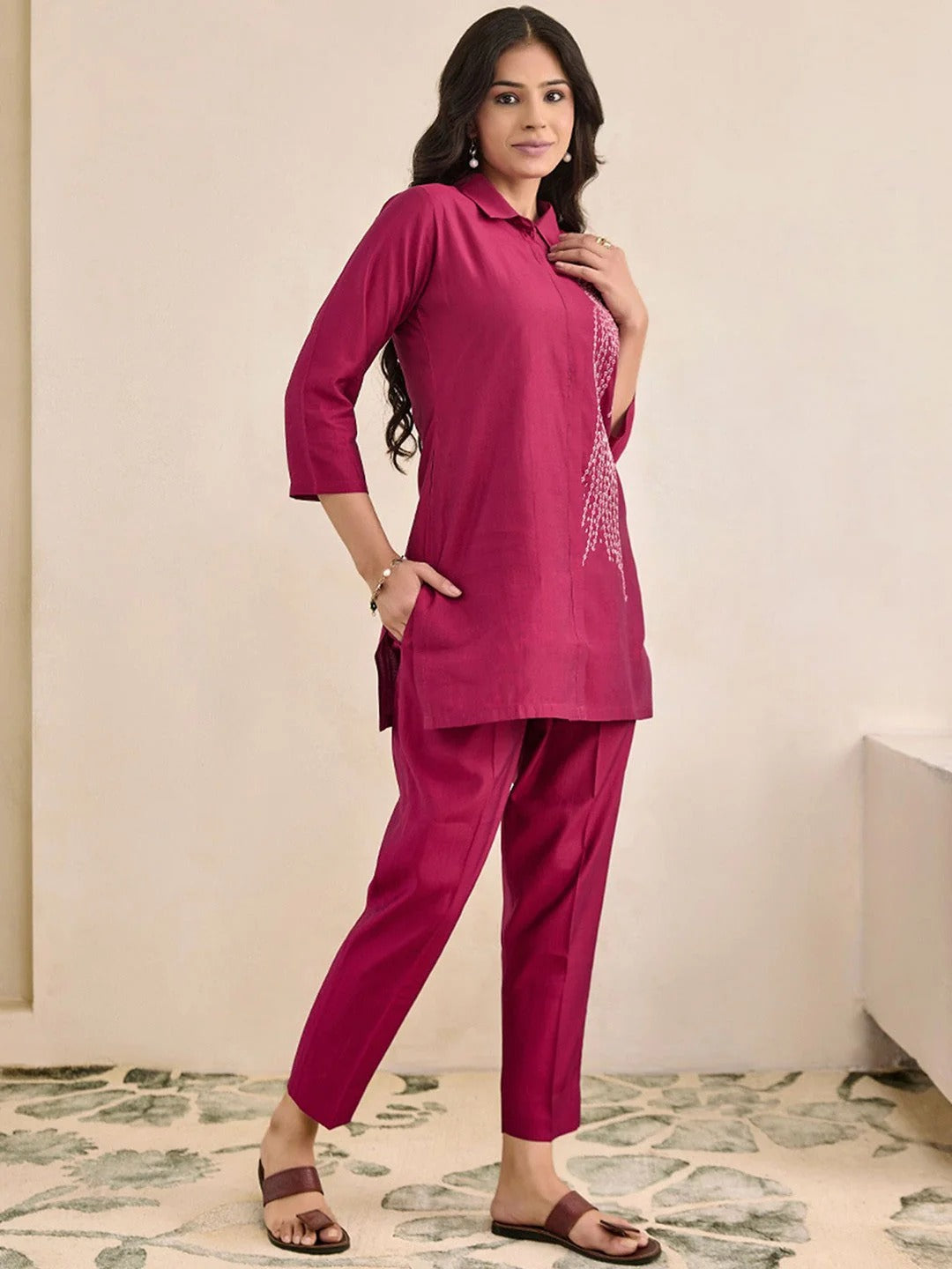 Moh Collection Plus Size Embroidered Shirt Collar Tunic With Trousers Co-Ords