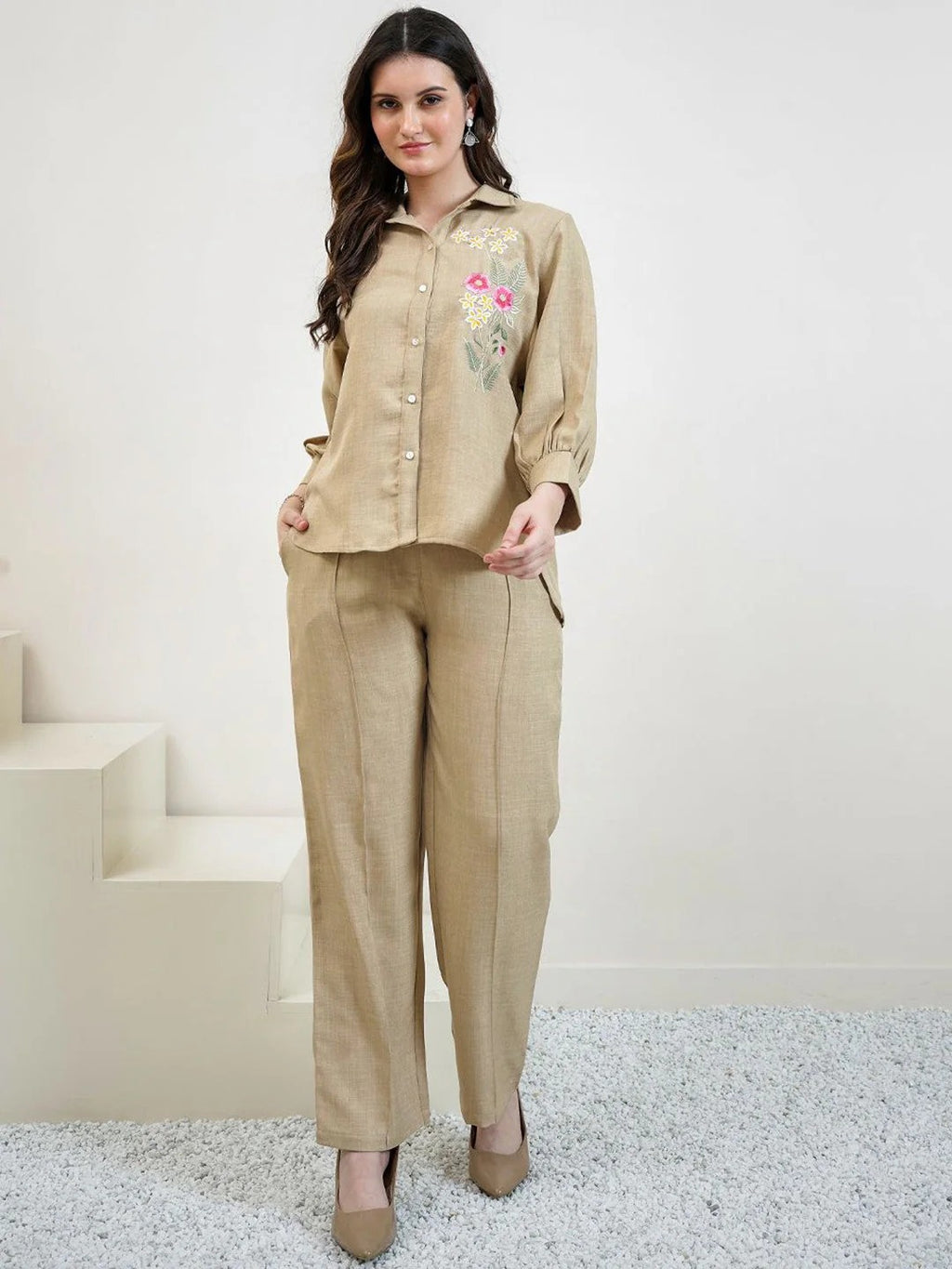 Embroidered Linen Shirt With Trousers
