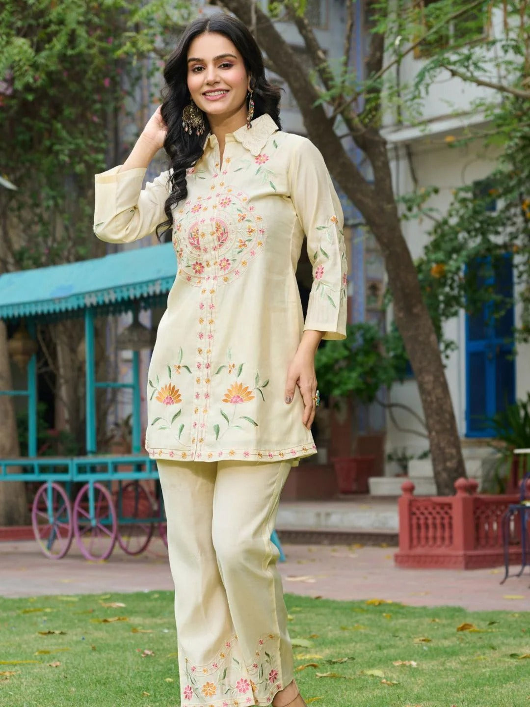 Embroidered Cream Co-Ord Set In Roman Silk