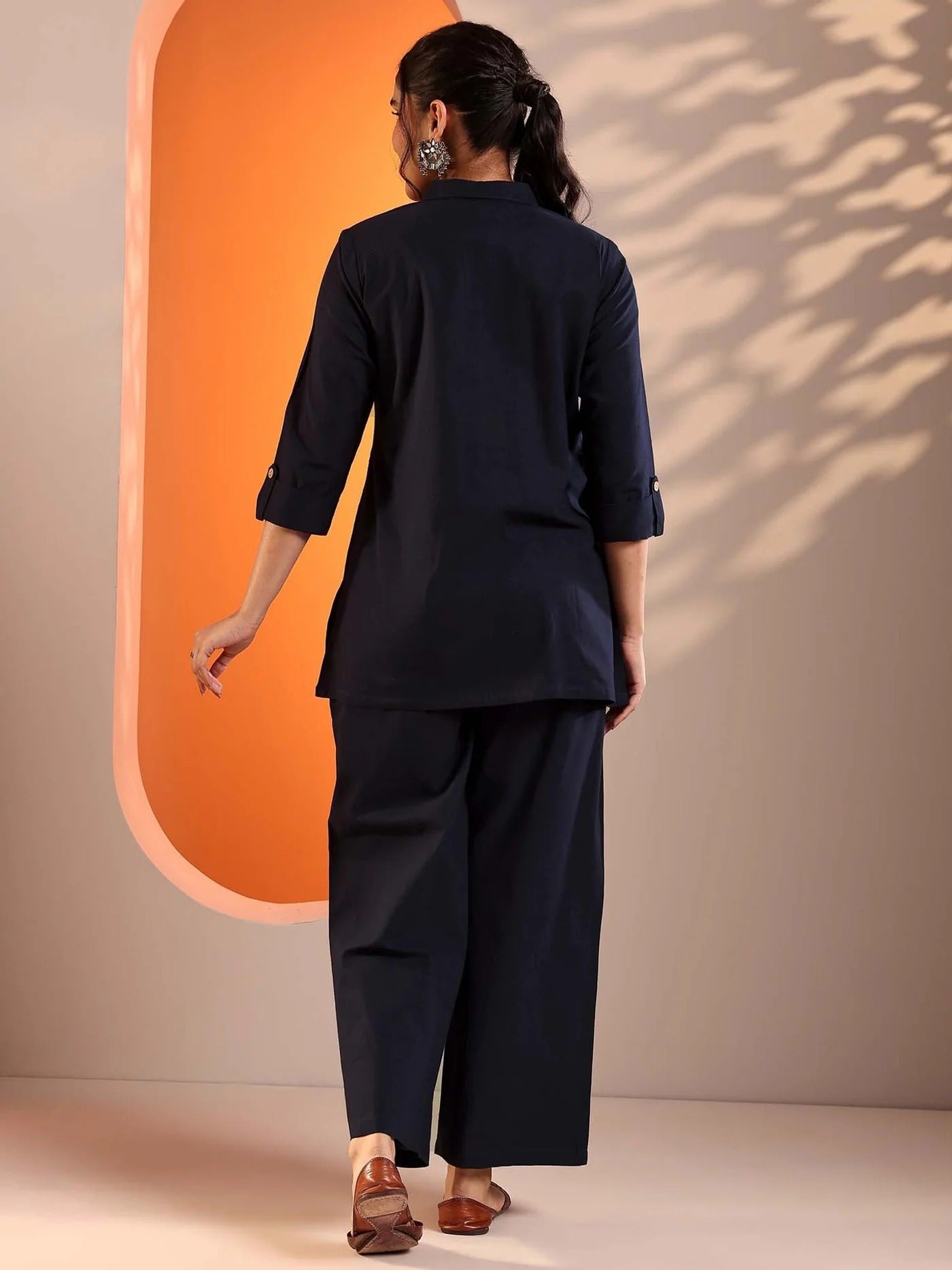 Navy Floral Embroidered Tunic with Floral Hem Embroidered Trouser