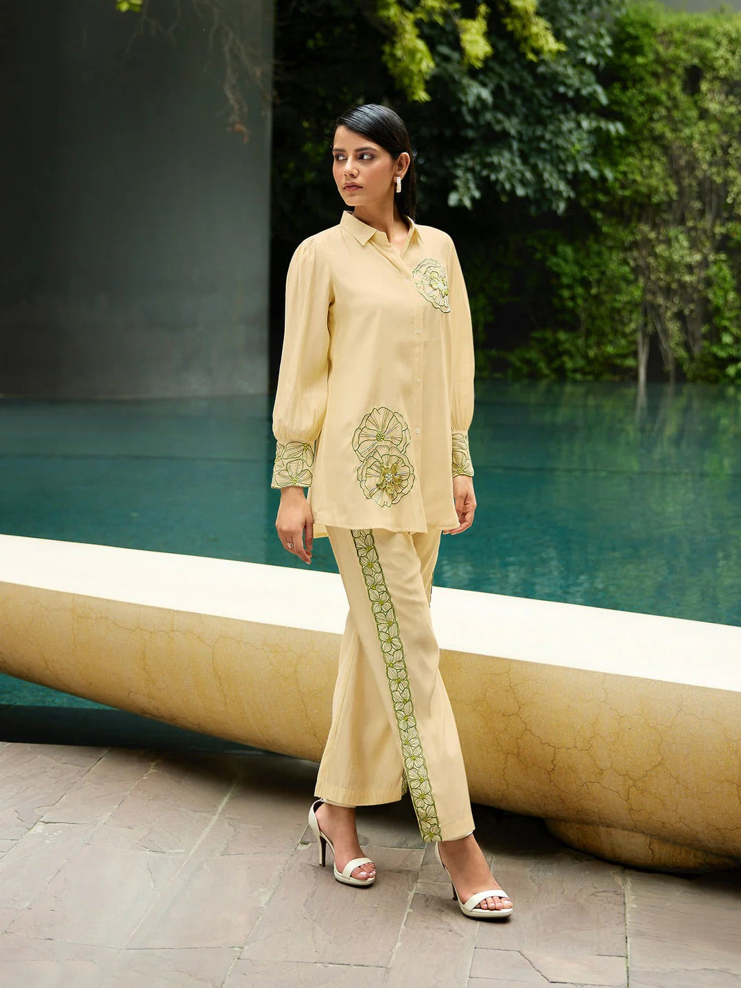 Kiaa- Beige Embroidered- Sequined Co-ord (Set of 2)