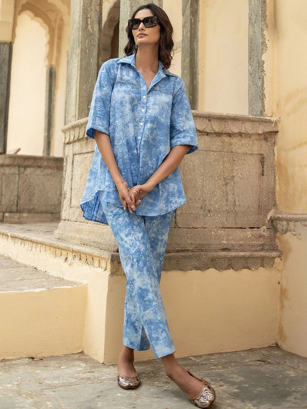 Dyed Shirt Collar Short Sleeves Pure Cotton Shirt & Trouser