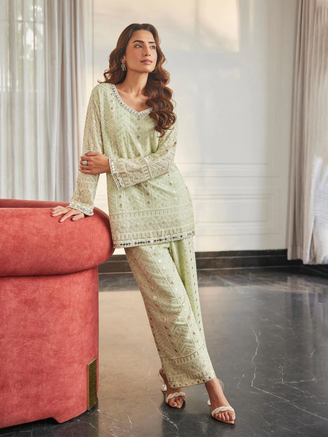 Mint Green Mirror Embroidered Co-Ord Set