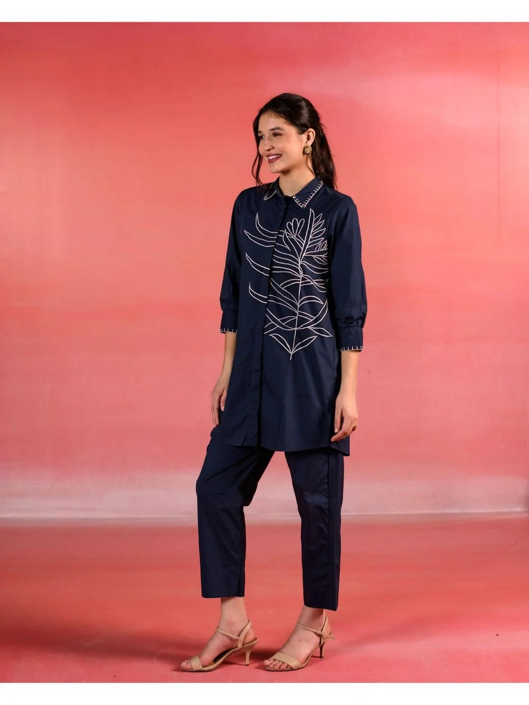 Navy Blue Embroidered Blue Poplin Co-Ord (Set of 2)