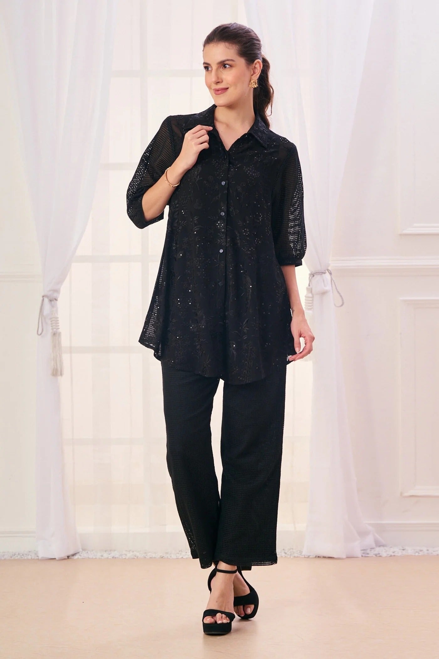 Black Silk Cotton Blend Embroidered Safari Collar Shirt And Pant Set