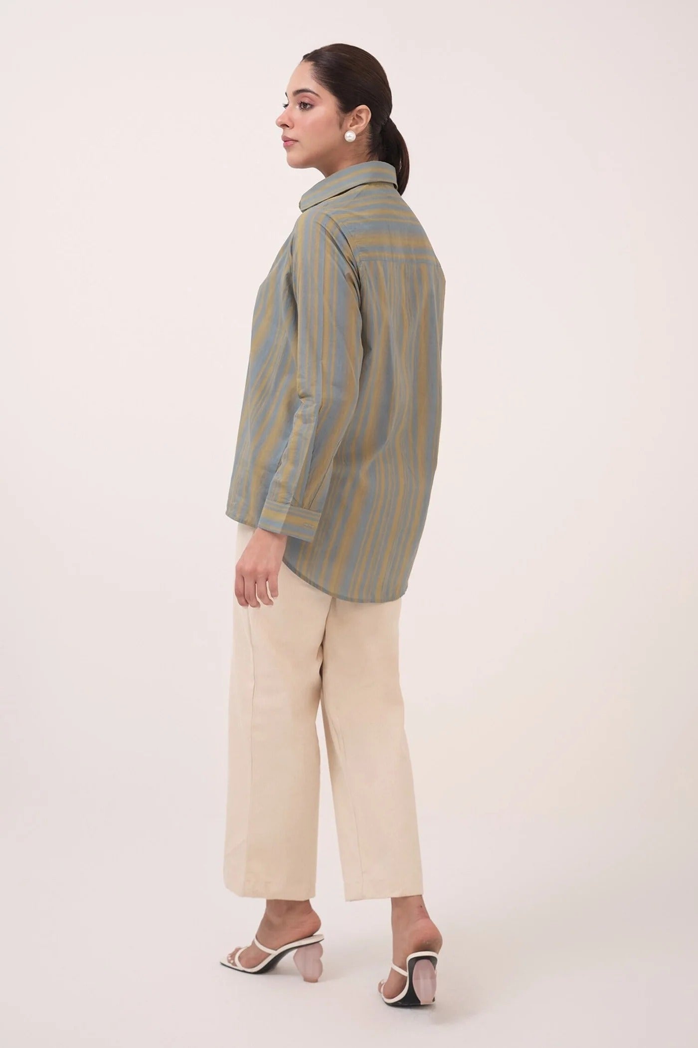 Blue Cotton Collared Striped Shirt And Pant Set