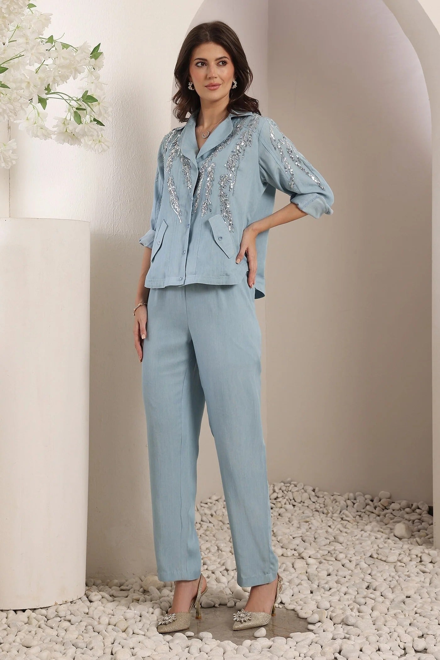 Blue Embroidery, Sequins Collared Mirage Chambray Co-ord Set