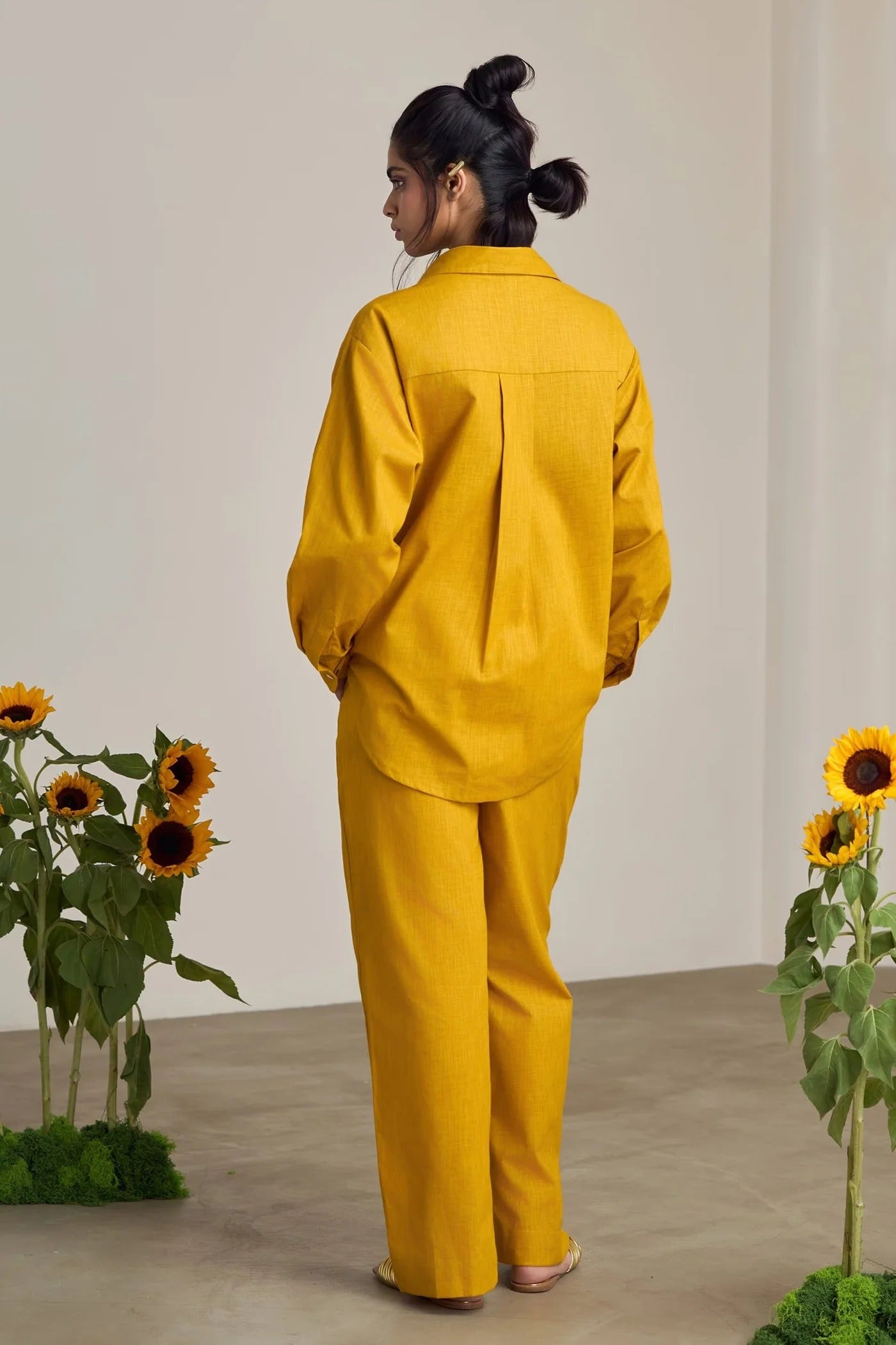 Mustard Cotton, Linen Embroidery Collared Pant Set