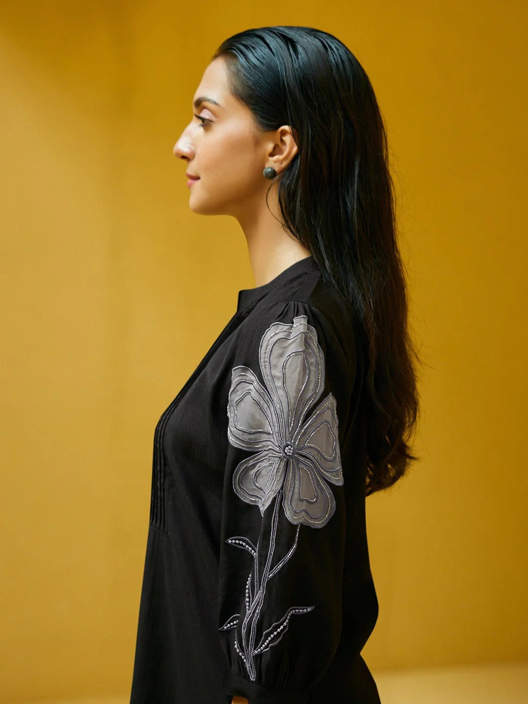 Floral Embroidered Pintucks Band Collar Top And Trouser