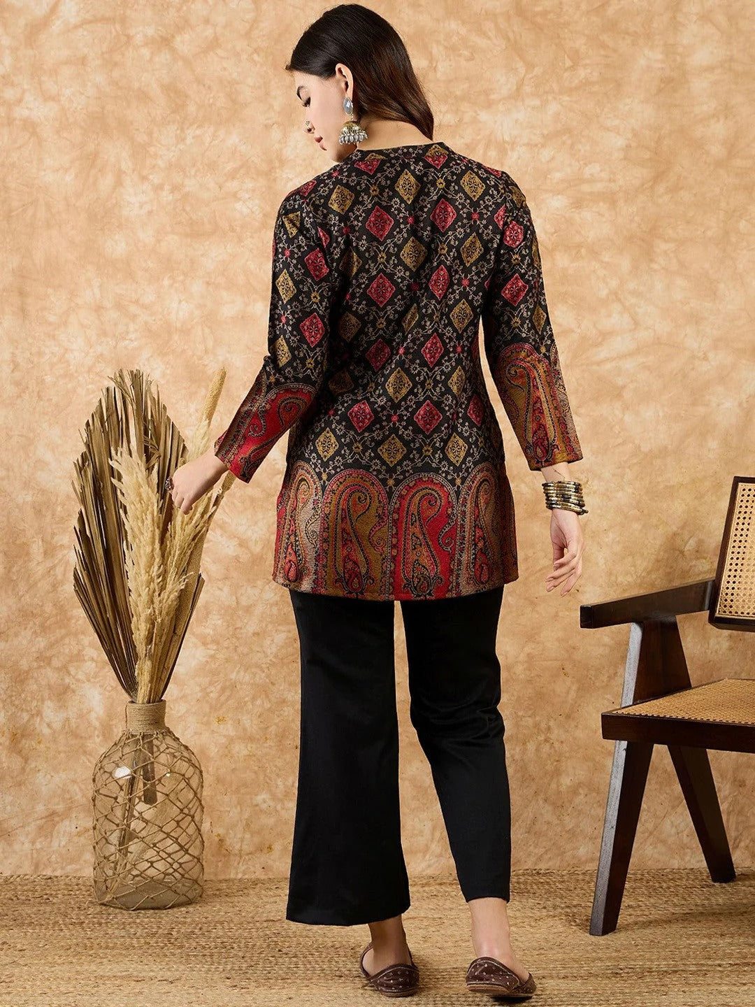 Mandarin Collar Self Design Top with Trouser