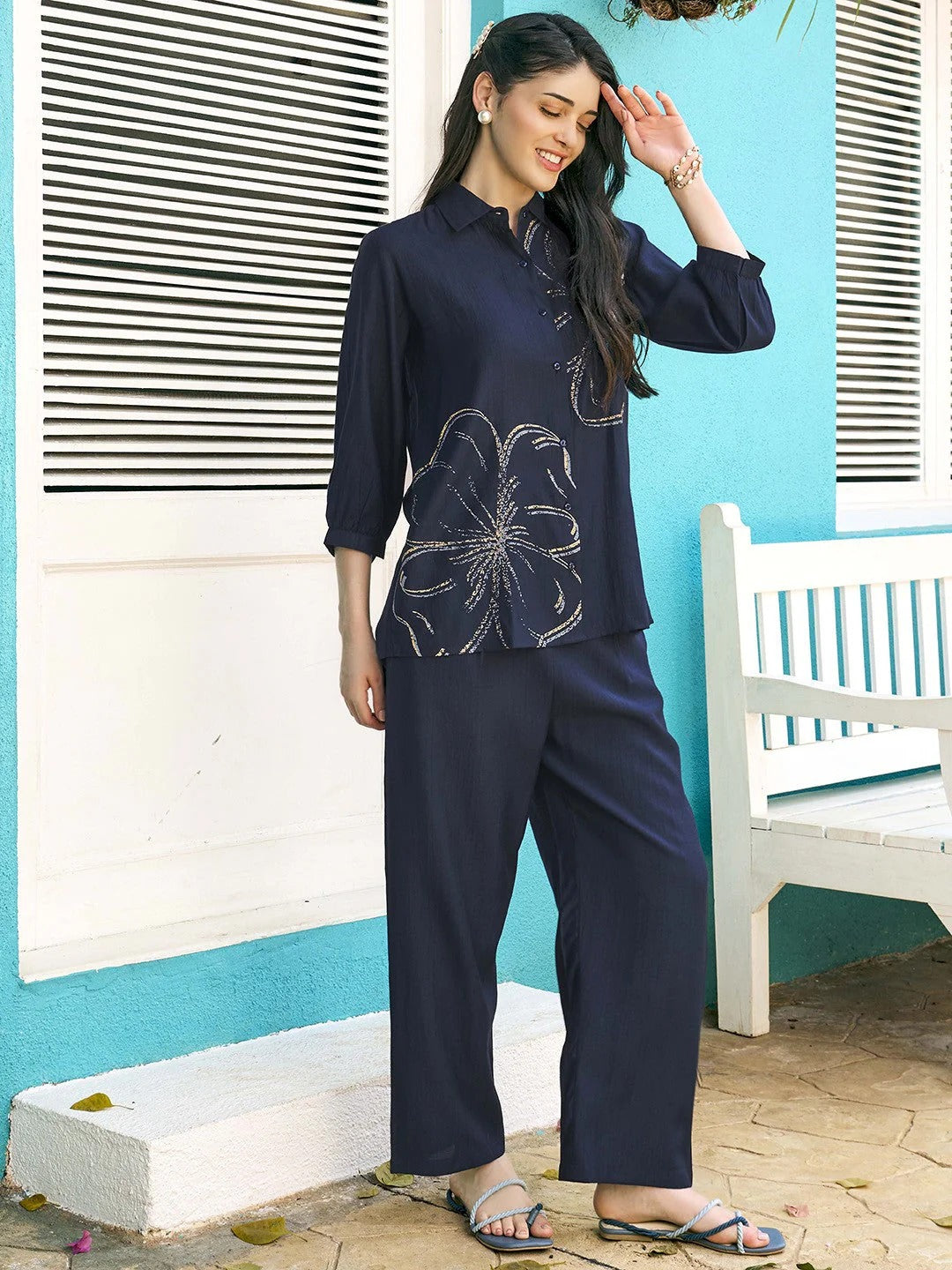 Floral Printed Shirt Collar Shirt With Trousers