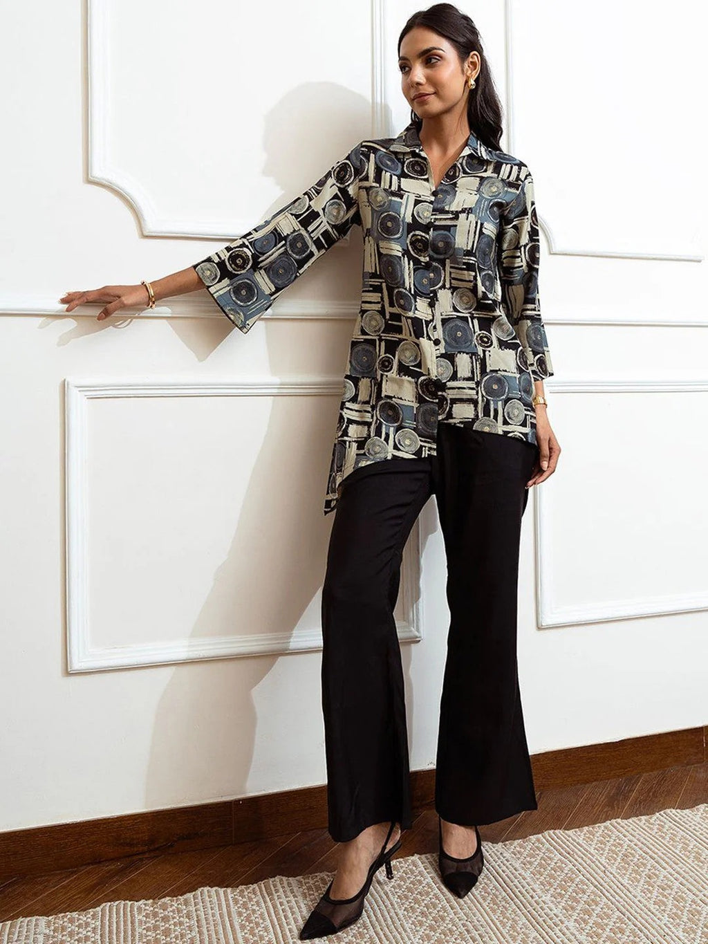 Black Geometric Printed Shirt Collar Tunic With Palazzo