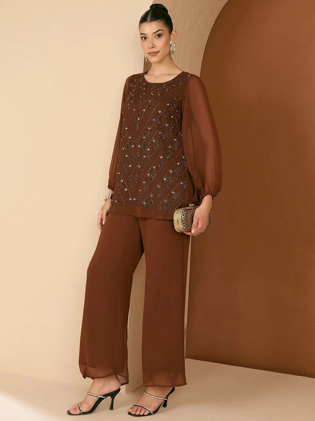 Embellished Round Neck Top & Trousers Co-Ords