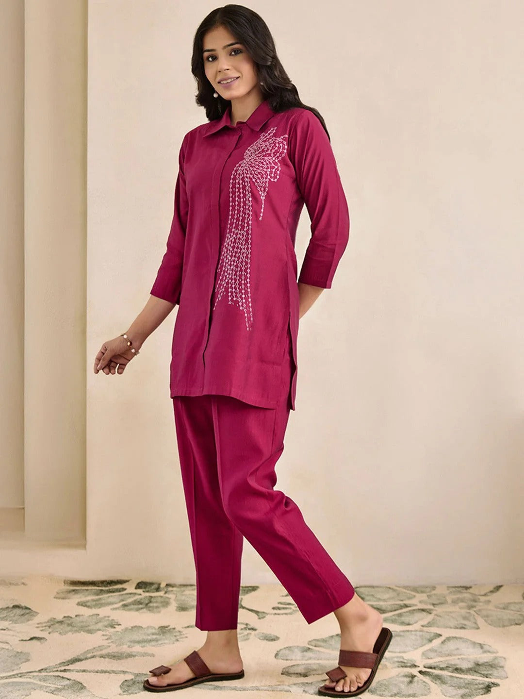 Moh Collection Plus Size Embroidered Shirt Collar Tunic With Trousers Co-Ords
