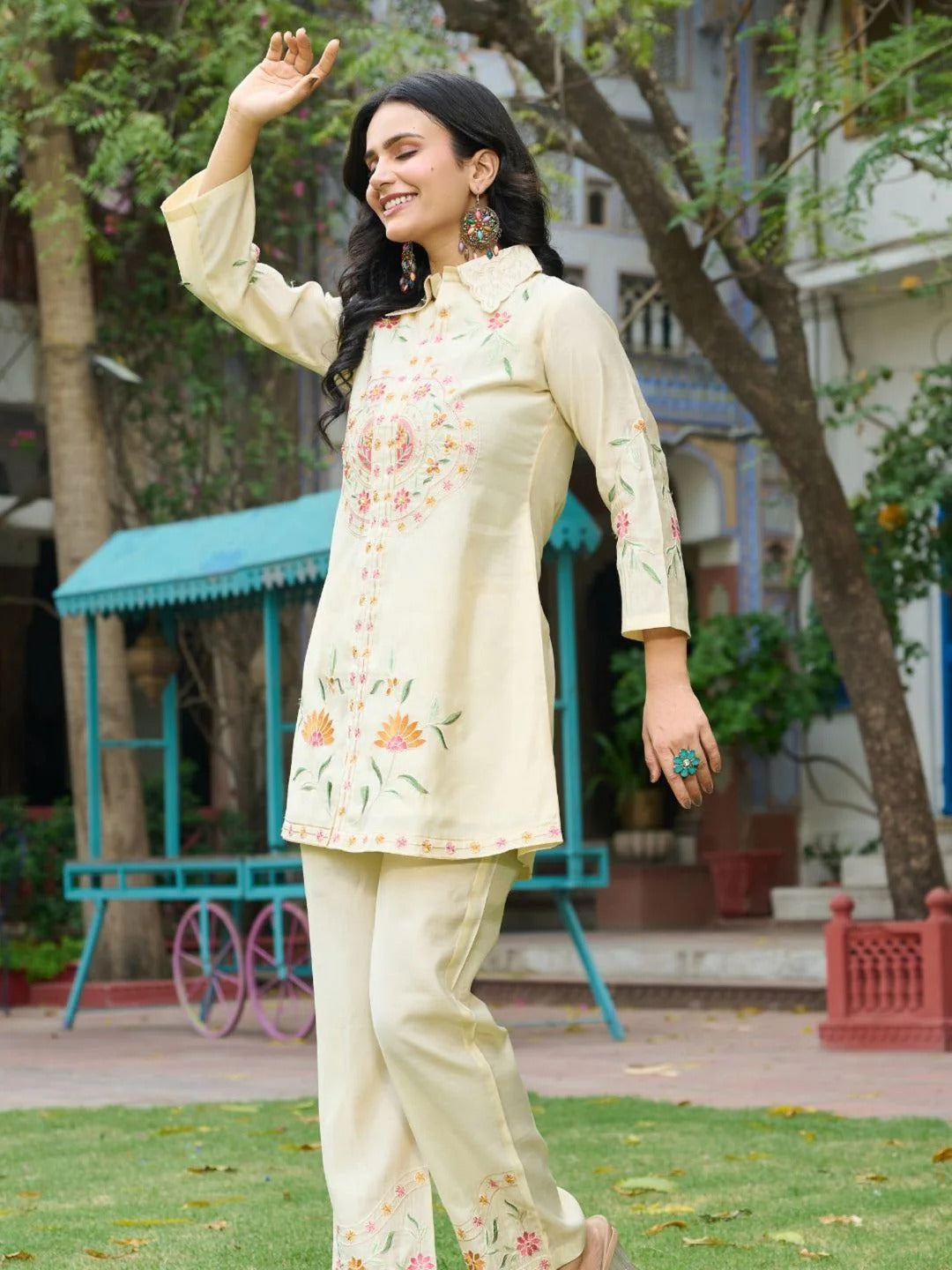 Embroidered Cream Co-Ord Set In Roman Silk