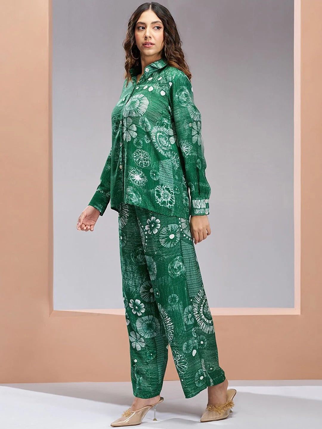 Floral Printed Shirt Collar Shirt With Trousers