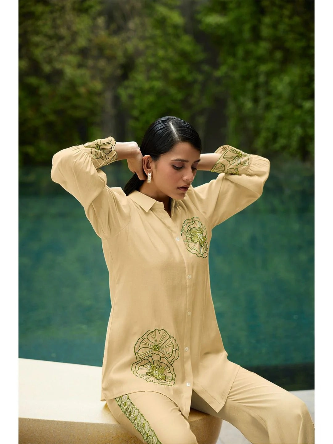 Kiaa- Beige Embroidered- Sequined Co-ord (Set of 2)