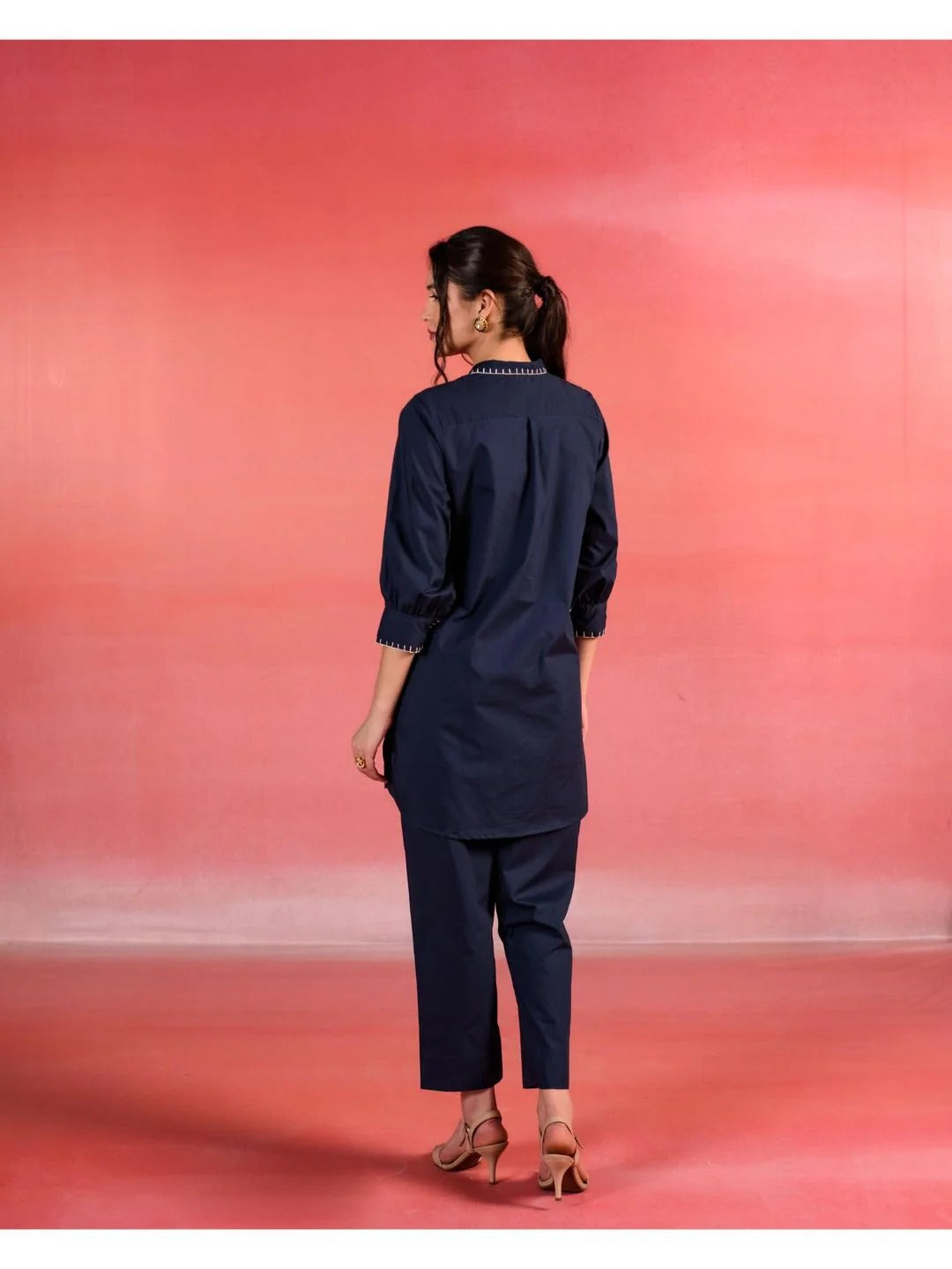 Navy Blue Embroidered Blue Poplin Co-Ord (Set of 2)