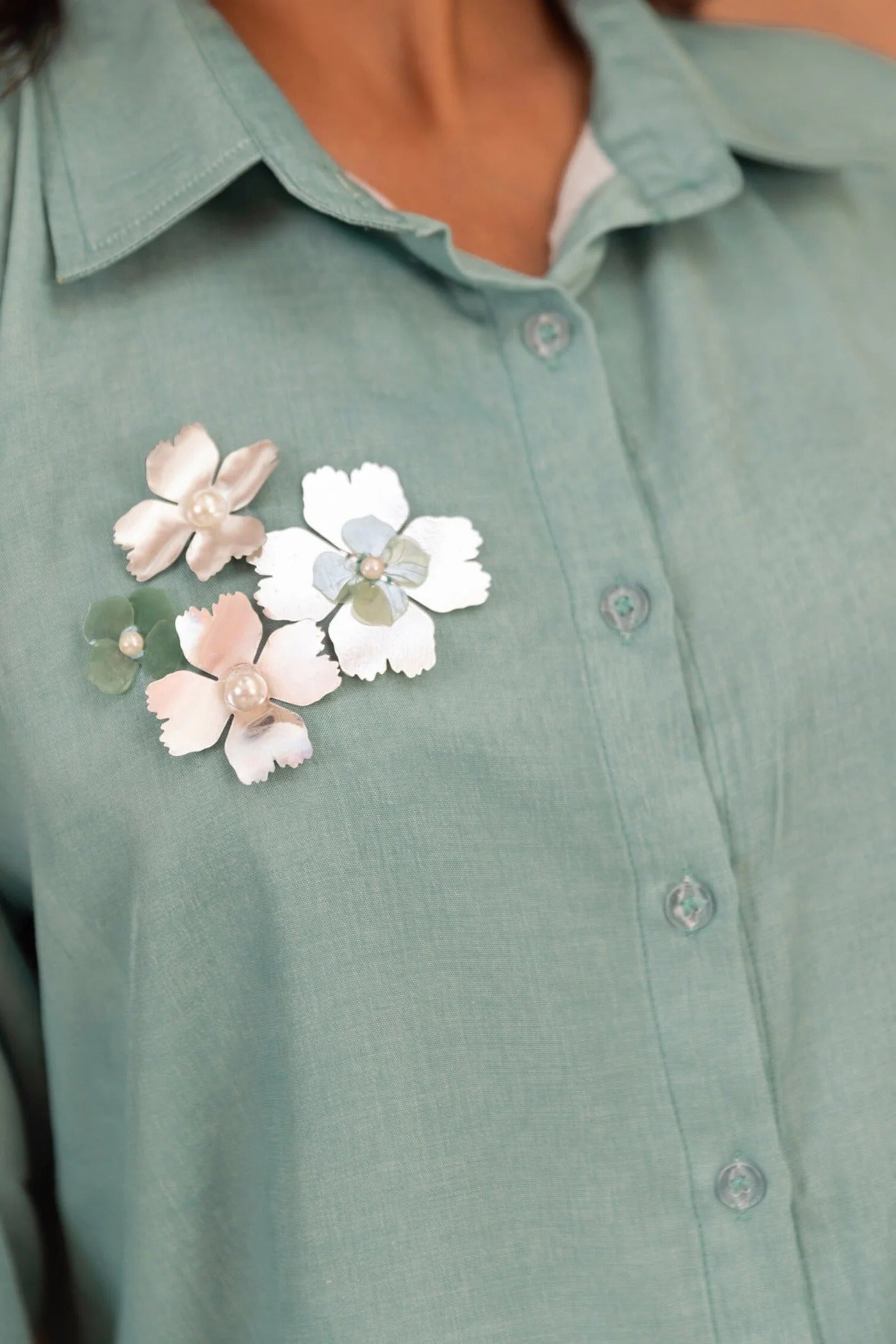 Blue Linen Embroidery Collared Floral Placement Embellished Shirt And Trouser Set