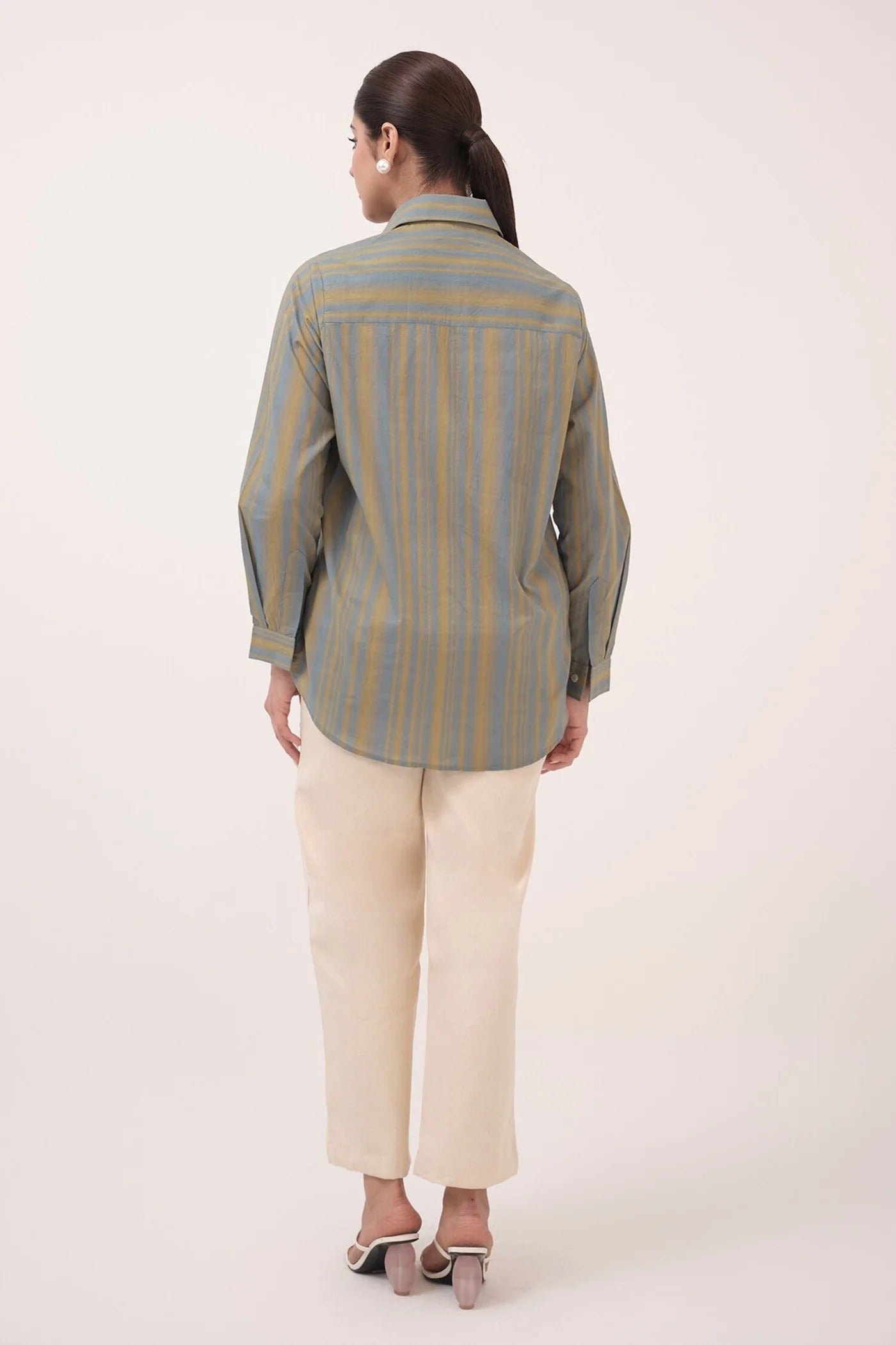 Blue Cotton Collared Striped Shirt And Pant Set
