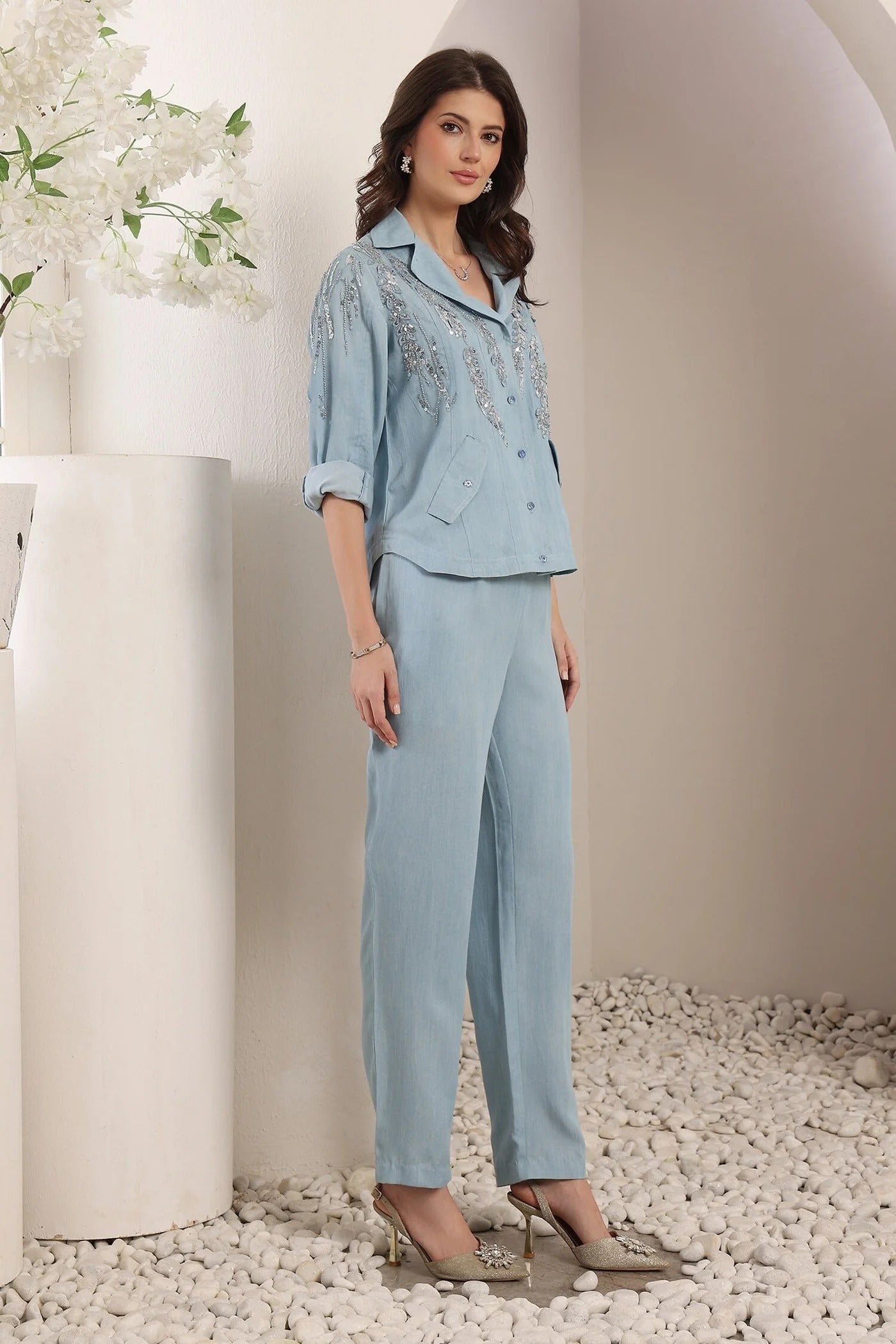 Blue Embroidery, Sequins Collared Mirage Chambray Co-ord Set