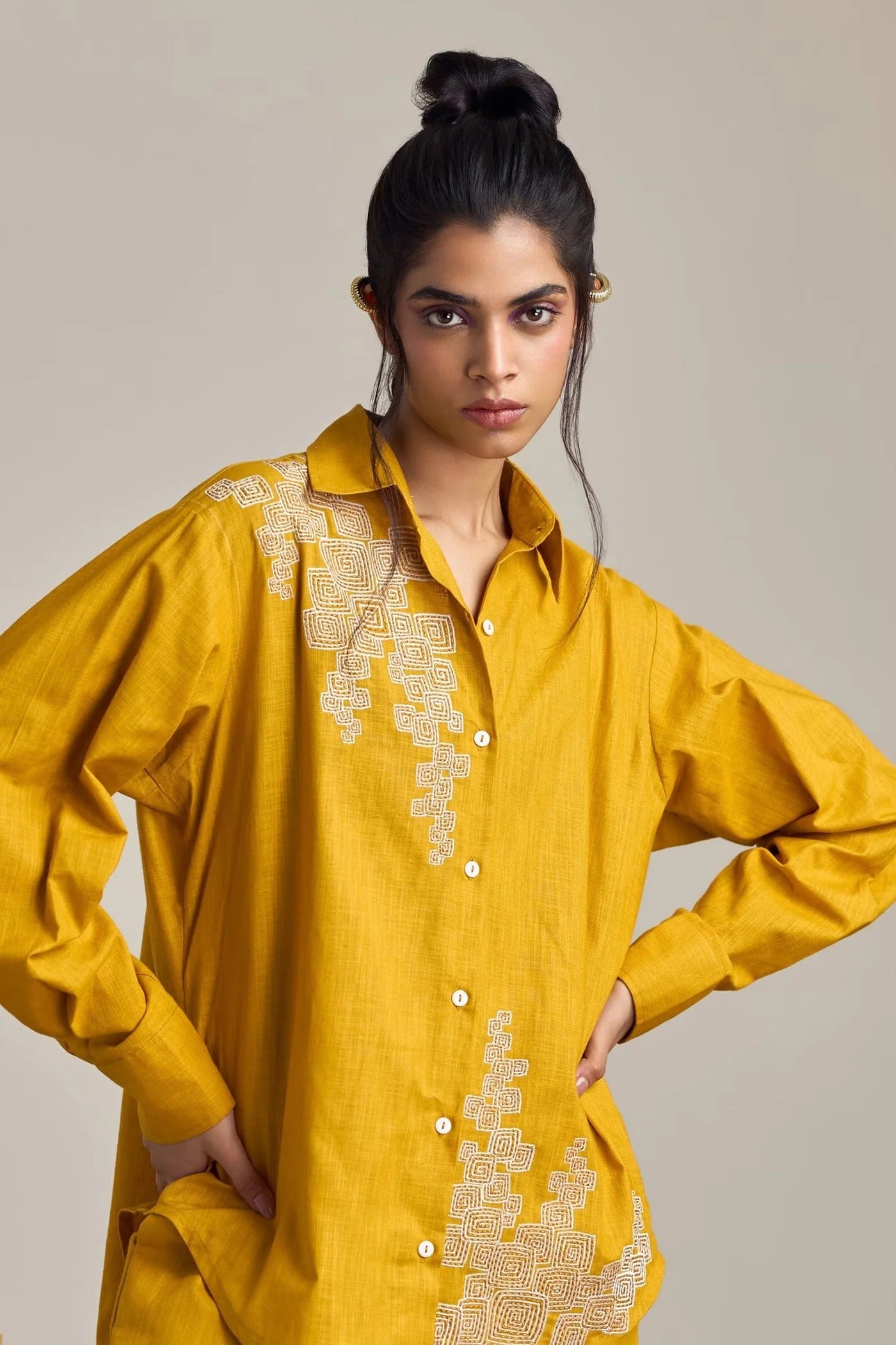 Mustard Cotton, Linen Embroidery Collared Pant Set