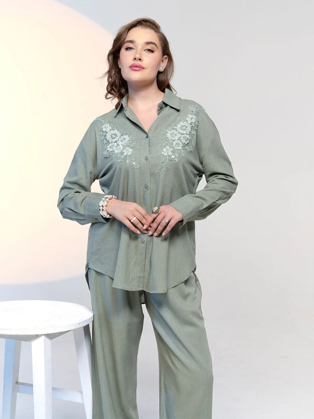 Olive Green Embroidered Co-Ord (Set of 2)