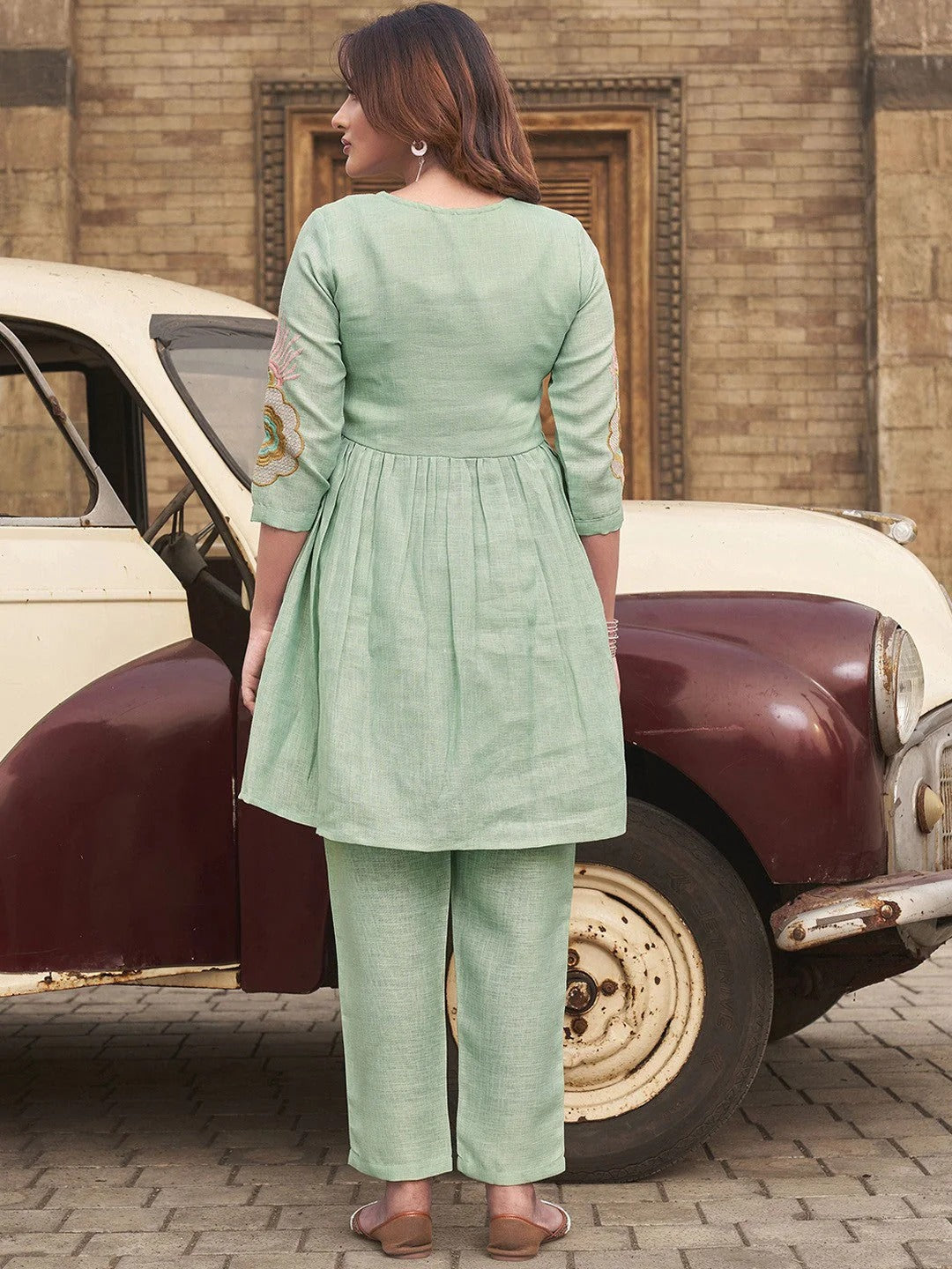 Floral Embroidered V Neck linen Tunic With Trousers