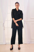 Black Silk Cotton Blend Embroidered Safari Collar Shirt And Pant Set