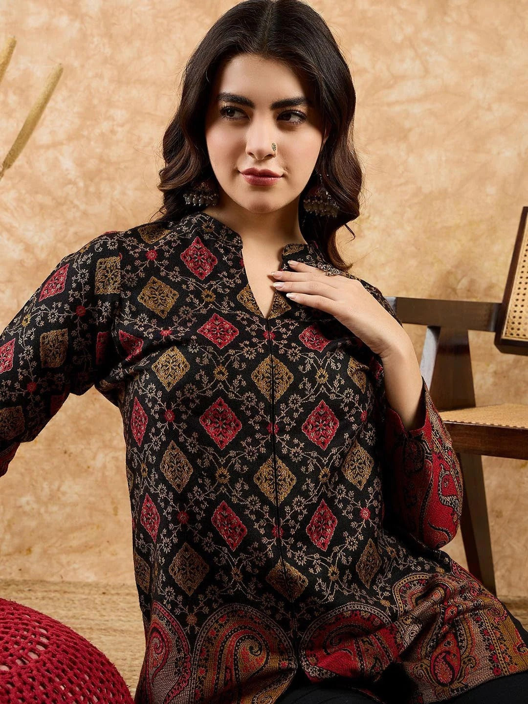 Mandarin Collar Self Design Top with Trouser