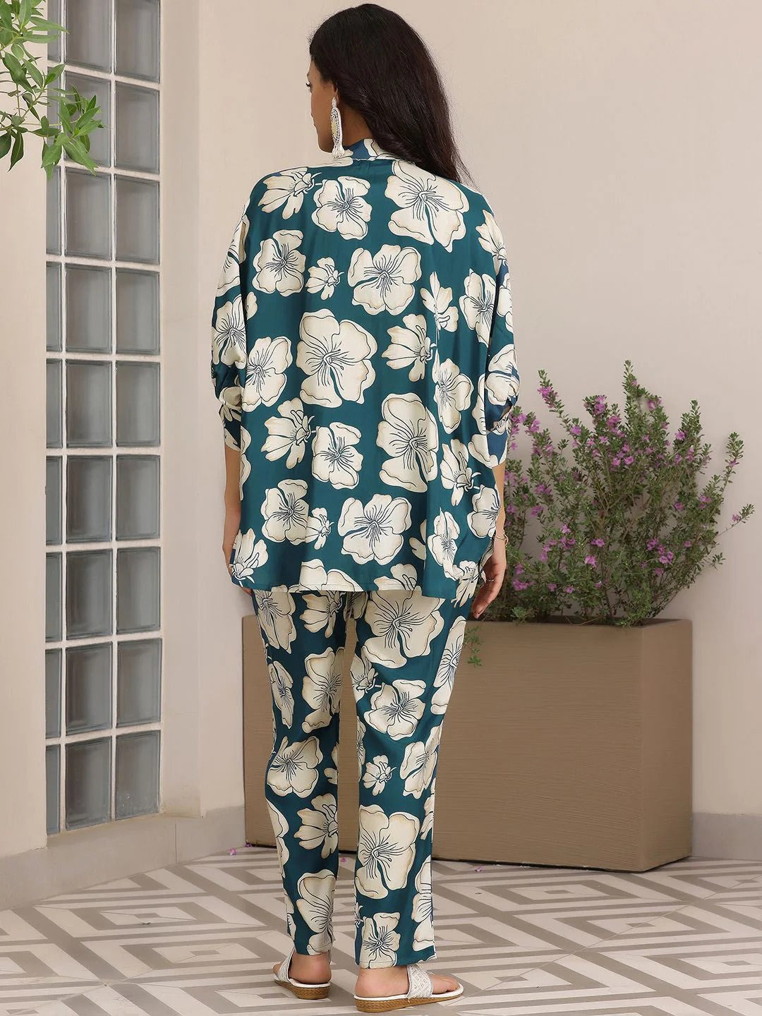 Floral Printed Kimono Sleeves Shirt With Trousers