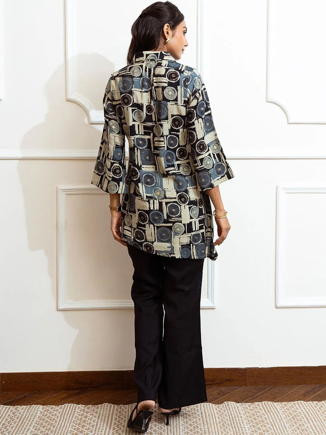 Black Geometric Printed Shirt Collar Tunic With Palazzo
