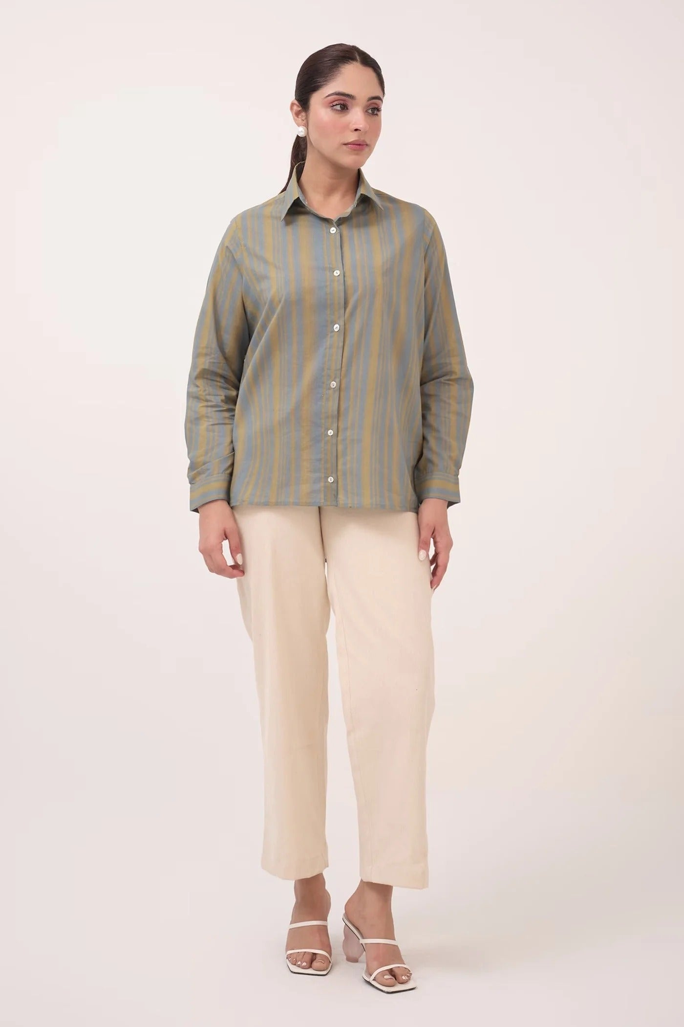 Blue Cotton Collared Striped Shirt And Pant Set