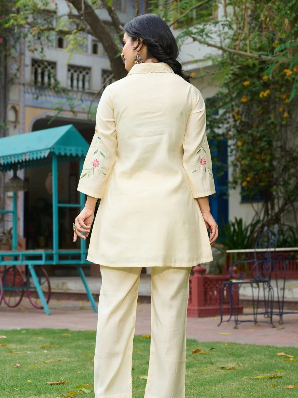 Embroidered Cream Co-Ord Set In Roman Silk