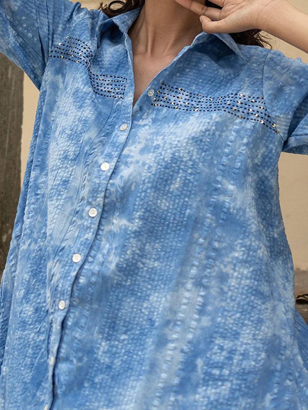 Dyed Shirt Collar Short Sleeves Pure Cotton Shirt & Trouser