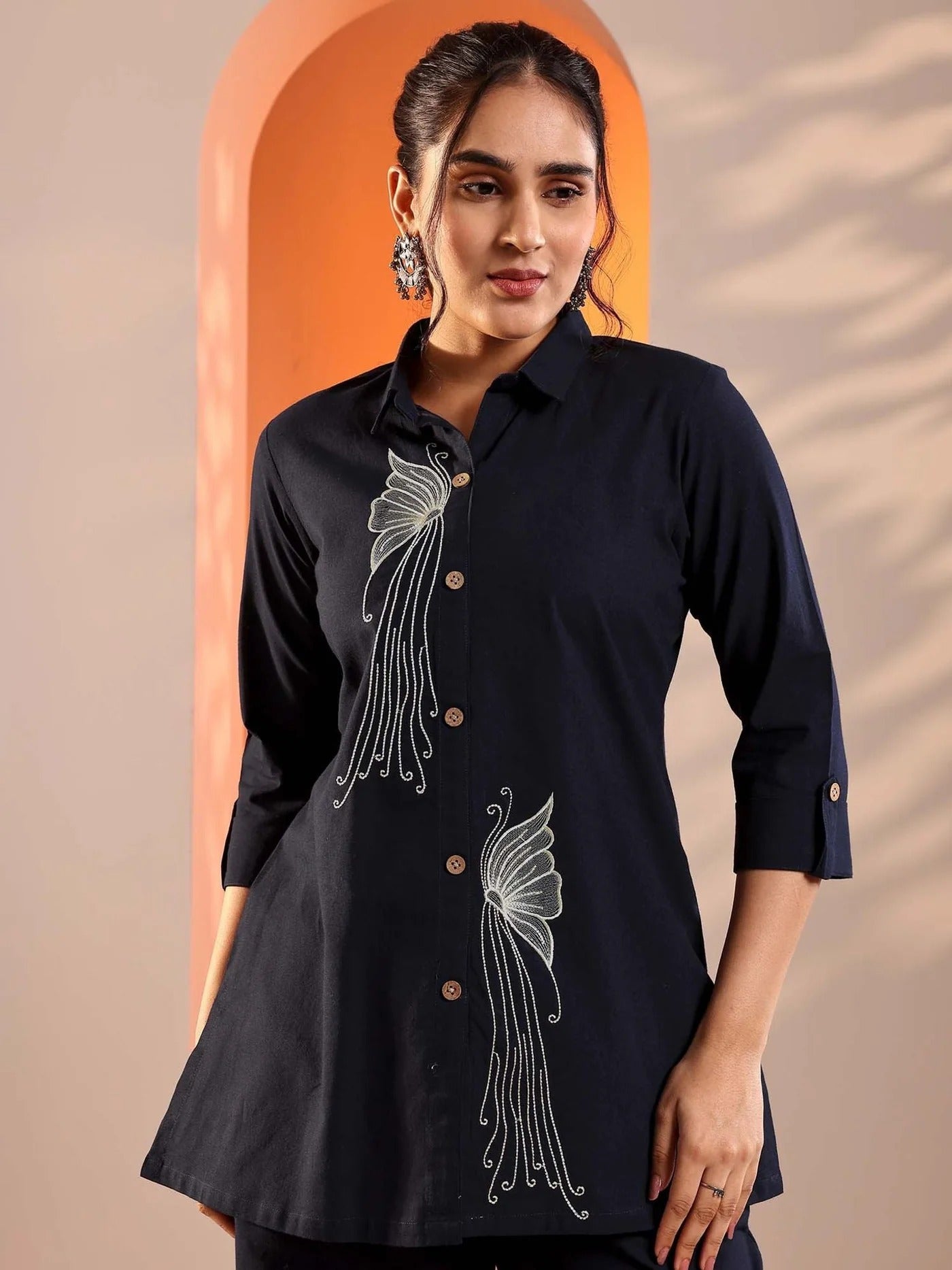 Navy Floral Embroidered Tunic with Floral Hem Embroidered Trouser