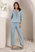 Blue Embroidery, Sequins Collared Mirage Chambray Co-ord Set