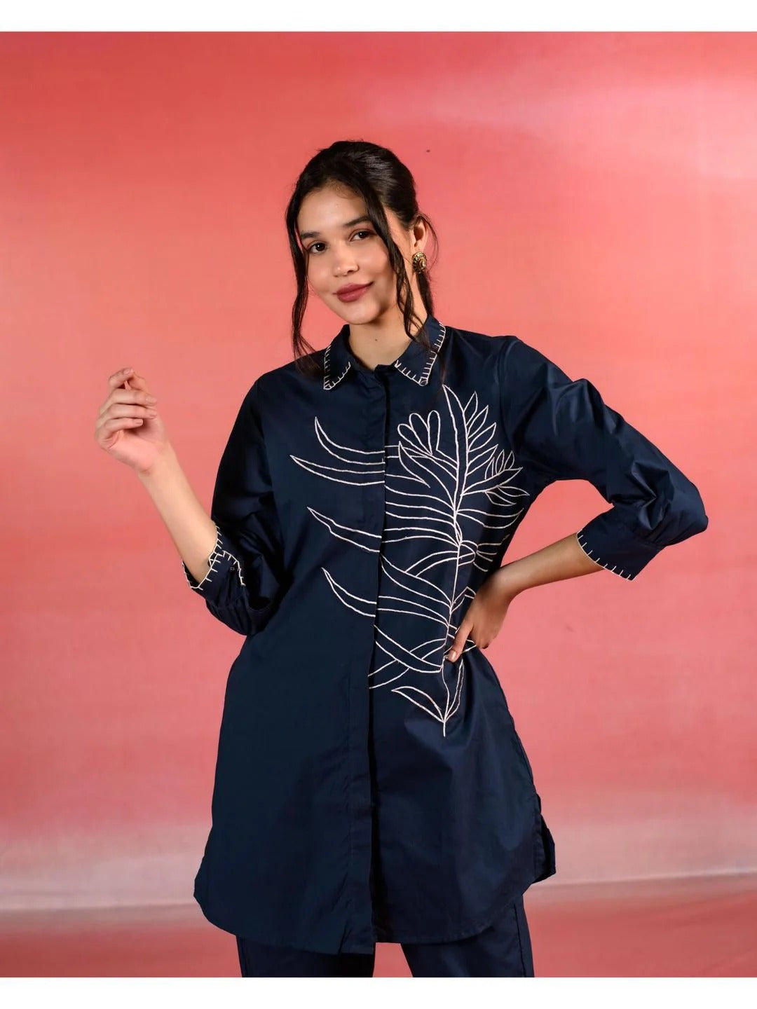 Navy Blue Embroidered Blue Poplin Co-Ord (Set of 2)
