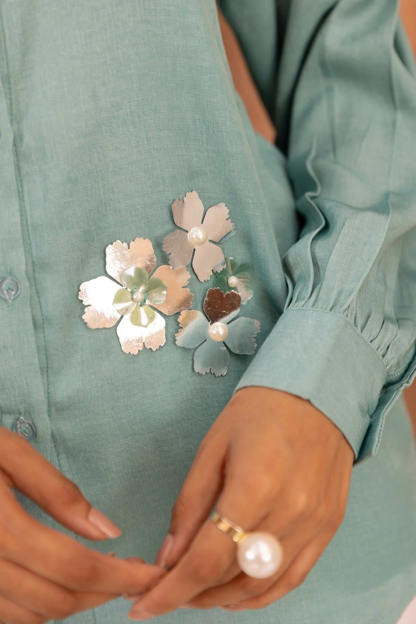 Blue Linen Embroidery Collared Floral Placement Embellished Shirt And Trouser Set
