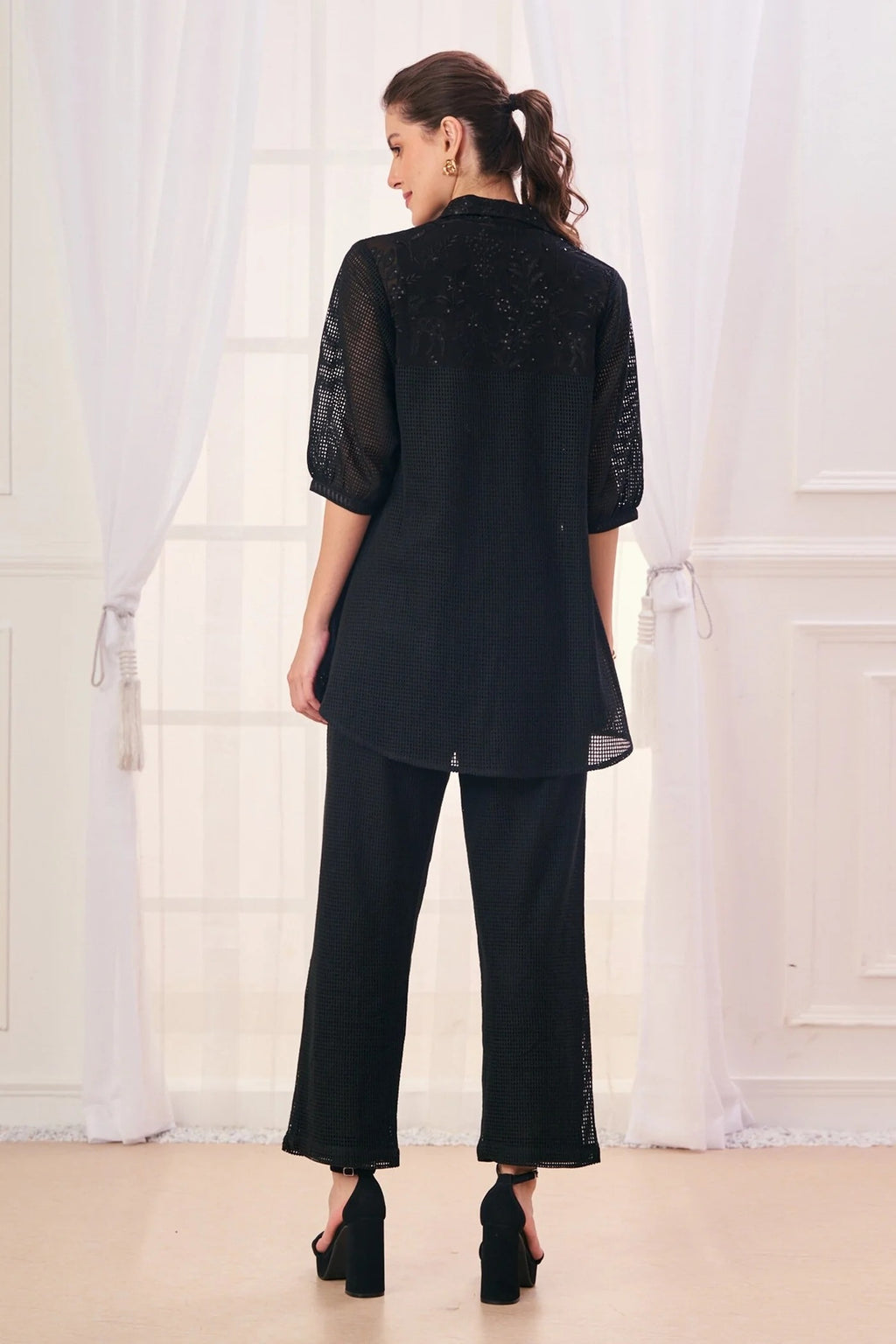 Black Silk Cotton Blend Embroidered Safari Collar Shirt And Pant Set