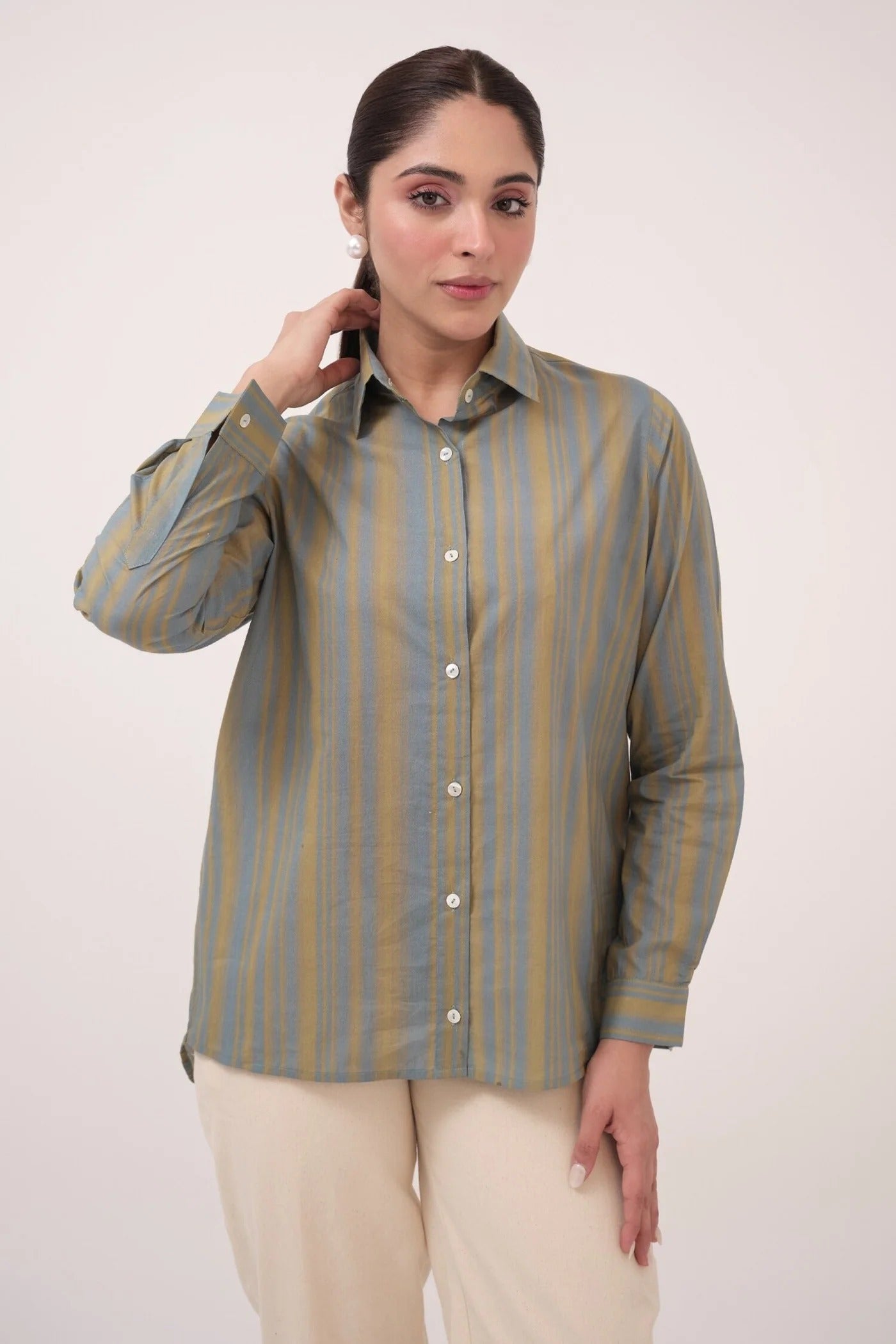 Blue Cotton Collared Striped Shirt And Pant Set