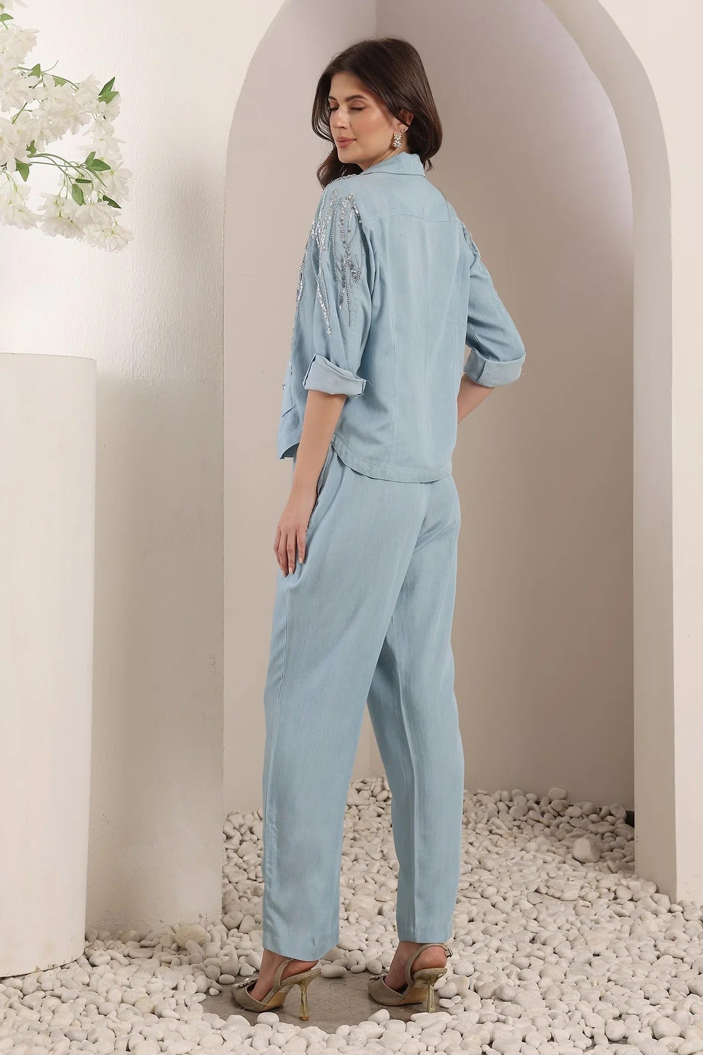 Blue Embroidery, Sequins Collared Mirage Chambray Co-ord Set